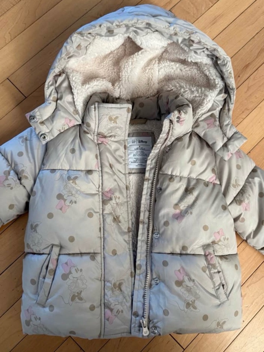 GAP Cream Puffer Jacket with Pink Minnie Accents